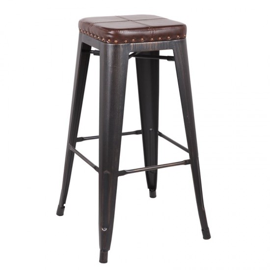 RELIX Σκαμπό BAR, Μέταλλο Βαφή Antique Black, PU Σκούρο Καφέ, Στοιβαζόμενο