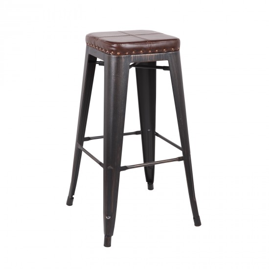 RELIX Σκαμπό BAR, Μέταλλο Βαφή Antique Black, PU Σκούρο Καφέ, Στοιβαζόμενο