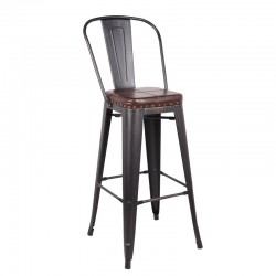 RELIX Σκαμπό BAR με Πλάτη, Μέταλλο Βαφή Antique Black, Κάθισμα PU Σκούρο Καφέ