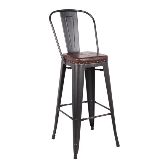 RELIX Σκαμπό BAR με Πλάτη, Μέταλλο Βαφή Antique Black, Κάθισμα PU Σκούρο Καφέ