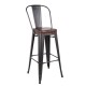 RELIX Σκαμπό BAR με Πλάτη, Μέταλλο Βαφή Antique Black, Κάθισμα PU Σκούρο Καφέ