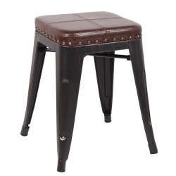 RELIX Σκαμπό Στοιβαζόμενο, Μέταλλο Βαφή Antique Black, Κάθισμα PU Σκούρο Καφέ