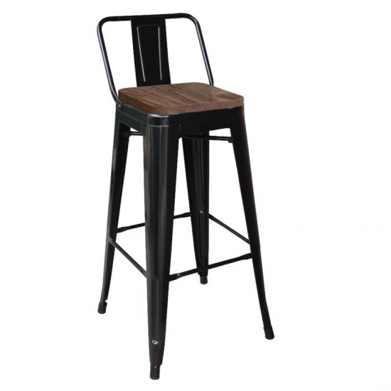 RELIX Wood Σκαμπό BAR με Πλάτη, Μέταλλο Βαφή Μαύρο Μatte, Ξύλο Απόχρωση Dark Oak
