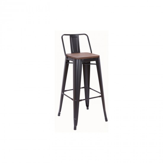 RELIX Wood Σκαμπό BAR με Πλάτη, Μέταλλο Βαφή Μαύρο Μatte, Ξύλο Απόχρωση Dark Oak