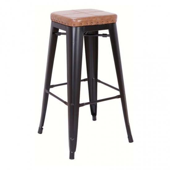 RELIX Σκαμπό BAR, Μέταλλο Βαφή Μαύρο Matte, PU Camel, Στοιβαζόμενο