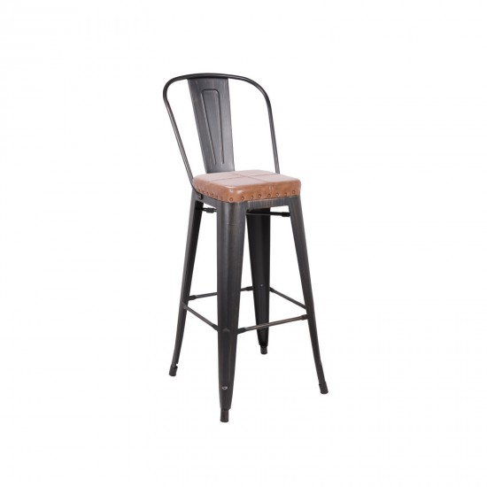 RELIX Σκαμπο BAR με Πλάτη, Μέταλλο Βαφή Antique Black, Κάθισμα PU Απόχρωση Camel