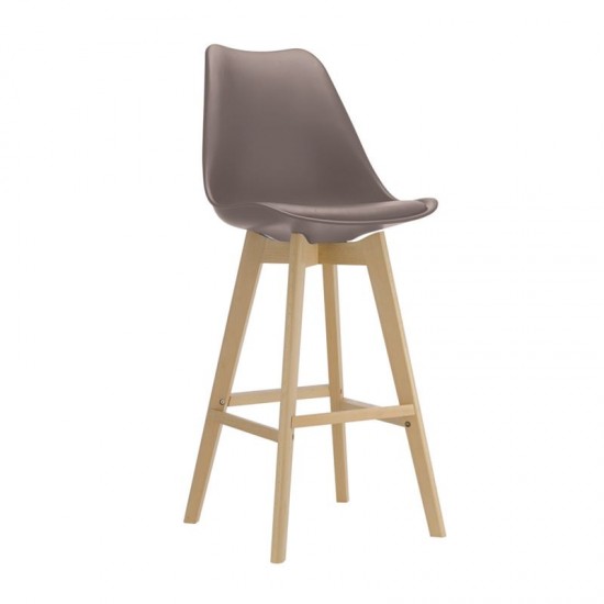 MARTIN Σκαμπό BAR με Πλάτη, Οξιά Φυσικό, PP & Pu Sand Beige, Μονταρισμένη Ταπετσαρία