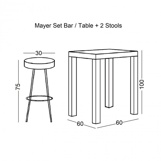 MAYER Set Bar Τραπέζι + 2 Σκαμπώ Μέταλλο Βαφή Ανθρακί - Antique Brown