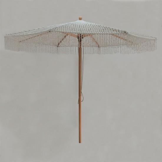 ΟΜΠΡΕΛΑ Ξύλινη 300x300cm, Πλεκτό Μακραμέ Μπεζ