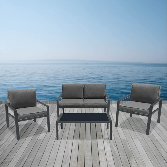 RIVIAN Set Σαλόνι Κήπου 4τεμ, Μέταλλο Βαφή Ανθρακί, Μαξιλάρια Γκρι