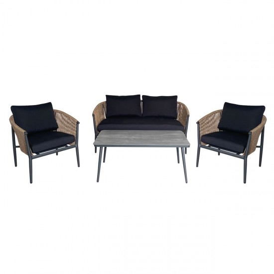 GASBA Set Σαλόνι Κήπου 4τεμ, Alu Ανθρακί, Rope Wicker Φυσικό, Μαξιλάρια Σκούρο Γκρι