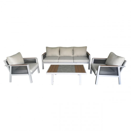 TORO Set Σαλόνι Κήπου 4τεμ, Alu Άσπρο, Rope Wicker Ανθρακί , Polywood Φυσικό, Μαξ.Εκρού