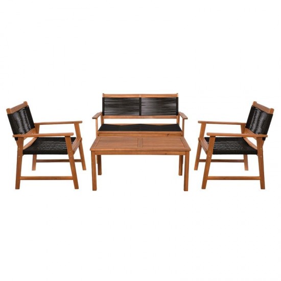 SPRING Set Σαλόνι Κήπου Ακακία Φυσικό, Wicker Μαύρο: Τραπέζι + Καναπέ 2Θέσιο + 2 Πολυθρόνες
