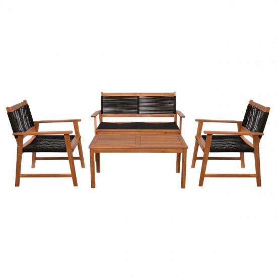 SPRING Set Σαλόνι Κήπου Ακακία Φυσικό, Wicker Μαύρο: Τραπέζι + Καναπέ 2Θέσιο + 2 Πολυθρόνες