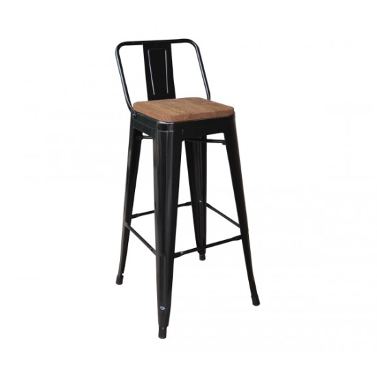 RELIX Wood Σκαμπό BAR με Πλάτη, Μέταλλο Βαφή Μαύρο, Ξύλο Απόχρωση Dark Oak